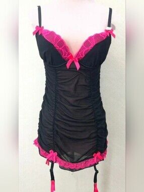 Y2K Vintage La SENZA Black & Hot Pink Lace Chemise with Garter Straps